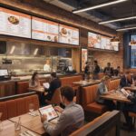 Moderní restaurace s digitálními obrazovkami a tablety v rámci digitalizace restaurace — digitalizace restaurace