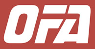 Logo OFA Training Center v červené a bílé barevné kombinaci — digitální značení, kiosky, LCD a LED obrazovky